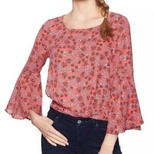 Jack by BB Dakota Red Floral Bell Sleeve Blouse M Tie Back Sheer Boho Romantic